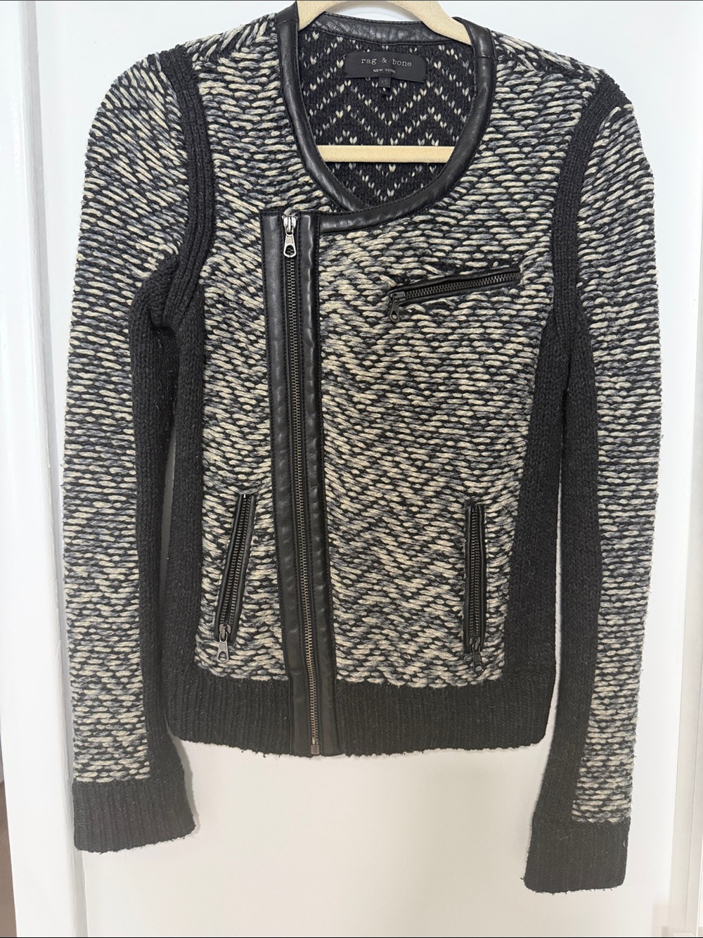 rag & bone Black and Ivory Marled Zip Sweater Jacket